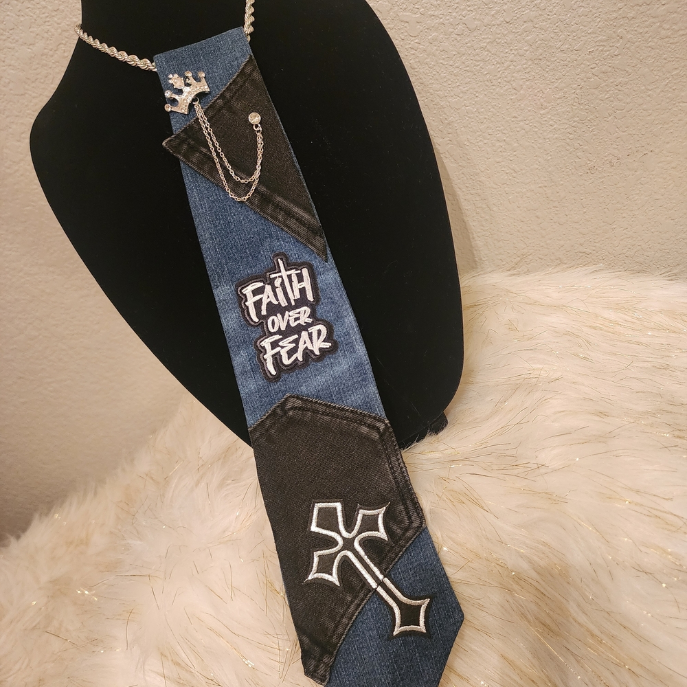 Faith Over Fear Denim & Black Statement Necktie Necklace